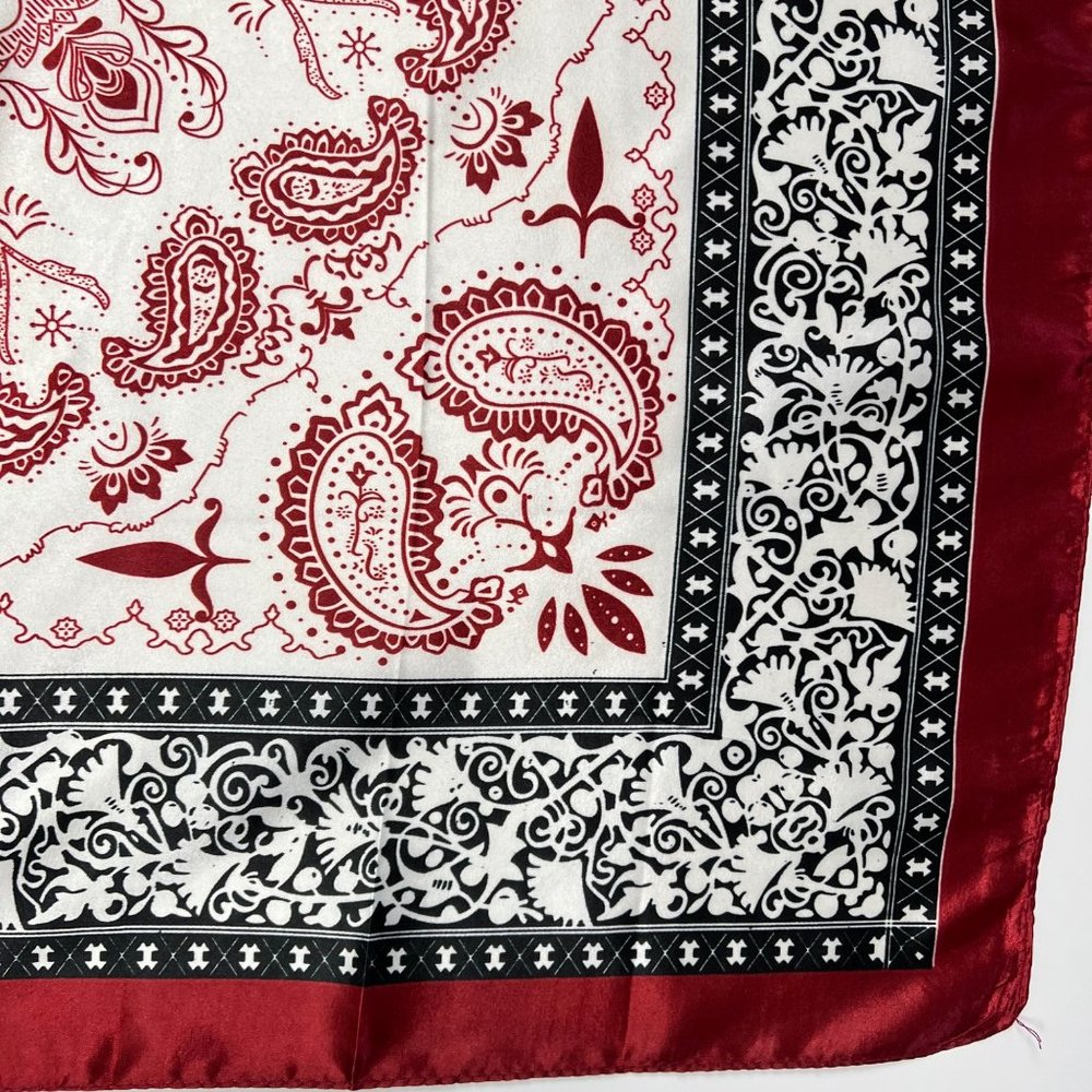 NEW Burgundy Ivory Paisley Floral Printed Square Silky Scarf Wrap - Picture 5 of 9